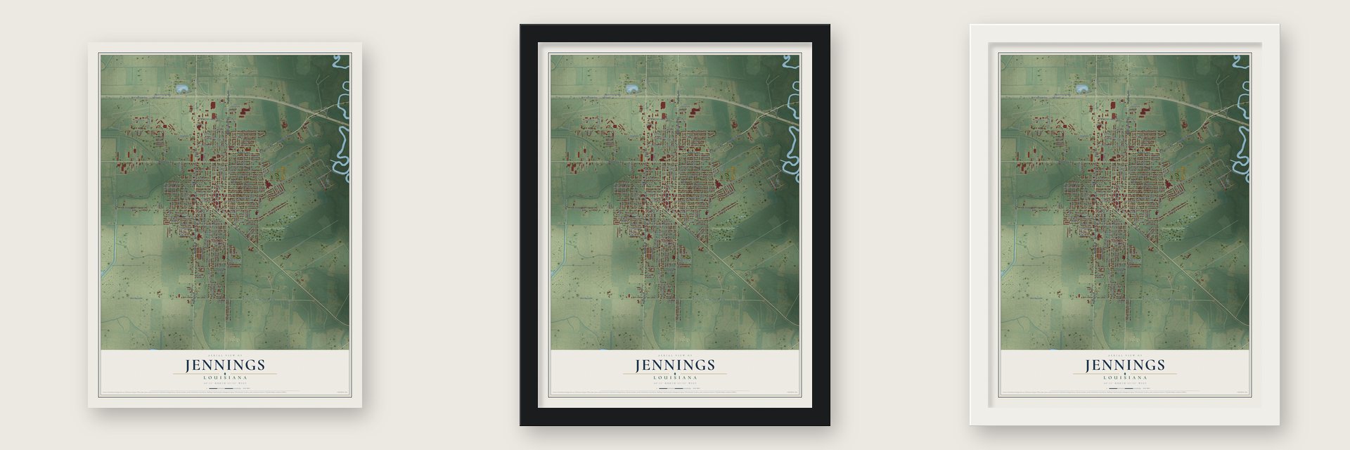 Jennings, Louisiana map unframed, in a black wood frame and in a white wood frame