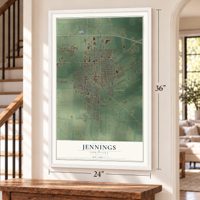 Jennings, Louisiana map, 24 x 36 inch print in a white frame by a staircase
