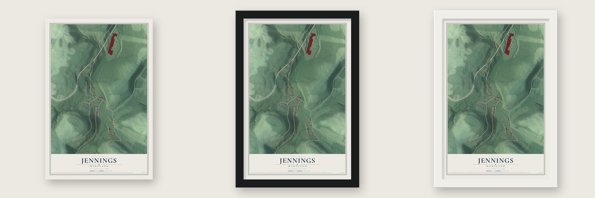 Jennings, Maryland map unframed, in a black wood frame and in a white wood frame