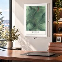 Jennings, Maryland map, 18 x 24 inch print in a white frame in a home office