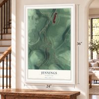 Jennings, Maryland map, 24 x 36 inch print in a white frame by a staircase