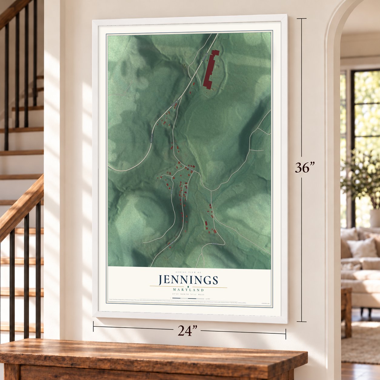 Jennings, Maryland map, 24 x 36 inch print in a white frame by a staircase
