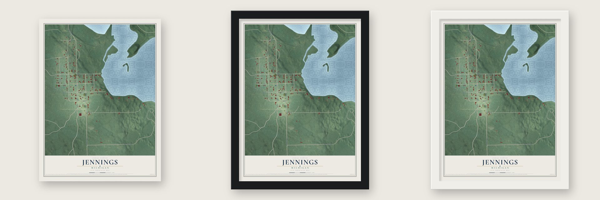 Jennings, Michigan map unframed, in a black wood frame and in a white wood frame