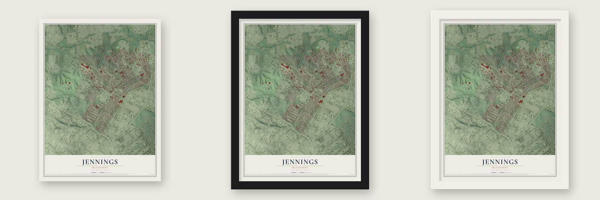 Jennings, Missouri map unframed, in a black wood frame and in a white wood frame