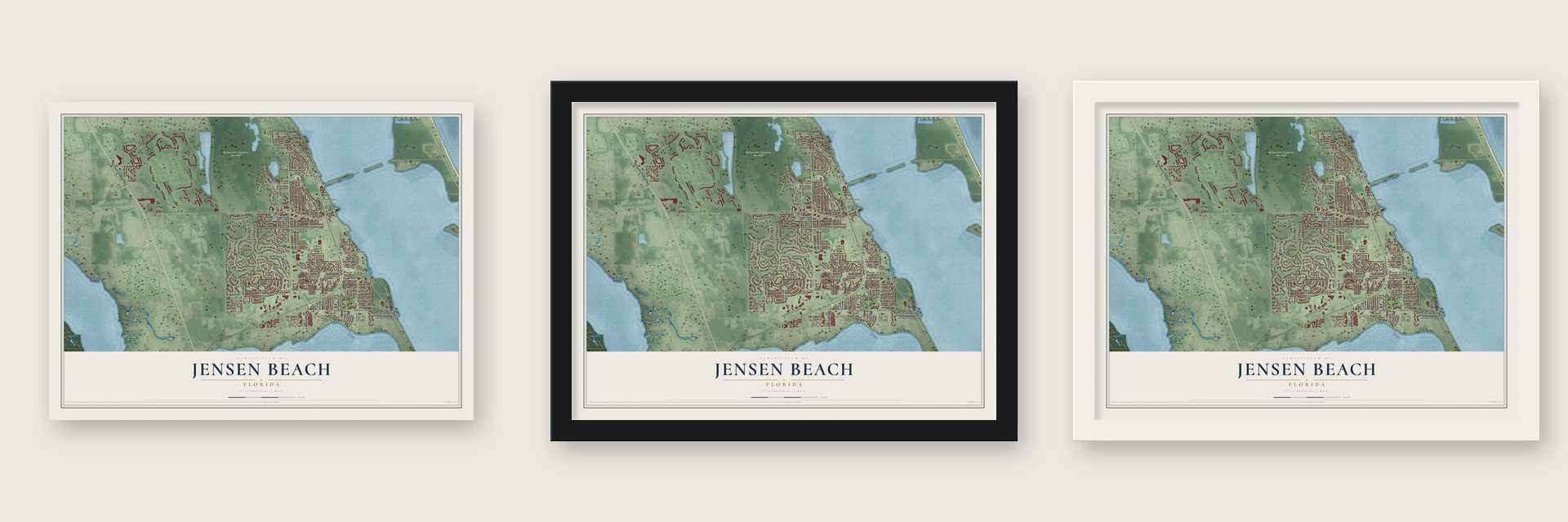 Jensen Beach, Florida map unframed, in a black wood frame and in a white wood frame