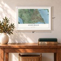 Jensen Beach, Florida map, 12 x 18 inch print in a white frame in an entryway
