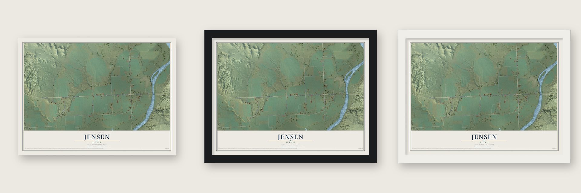 Jensen, Utah map unframed, in a black wood frame and in a white wood frame