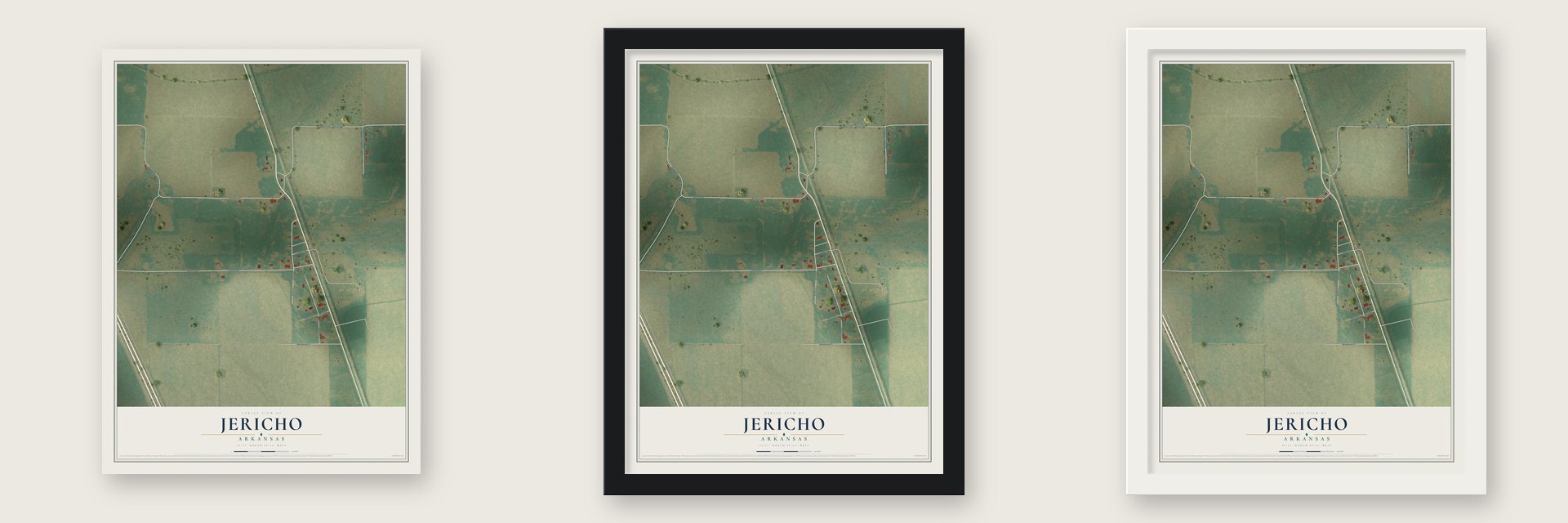 Jericho, Arkansas map unframed, in a black wood frame and in a white wood frame