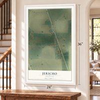 Jericho, Arkansas map, 24 x 36 inch print in a white frame by a staircase