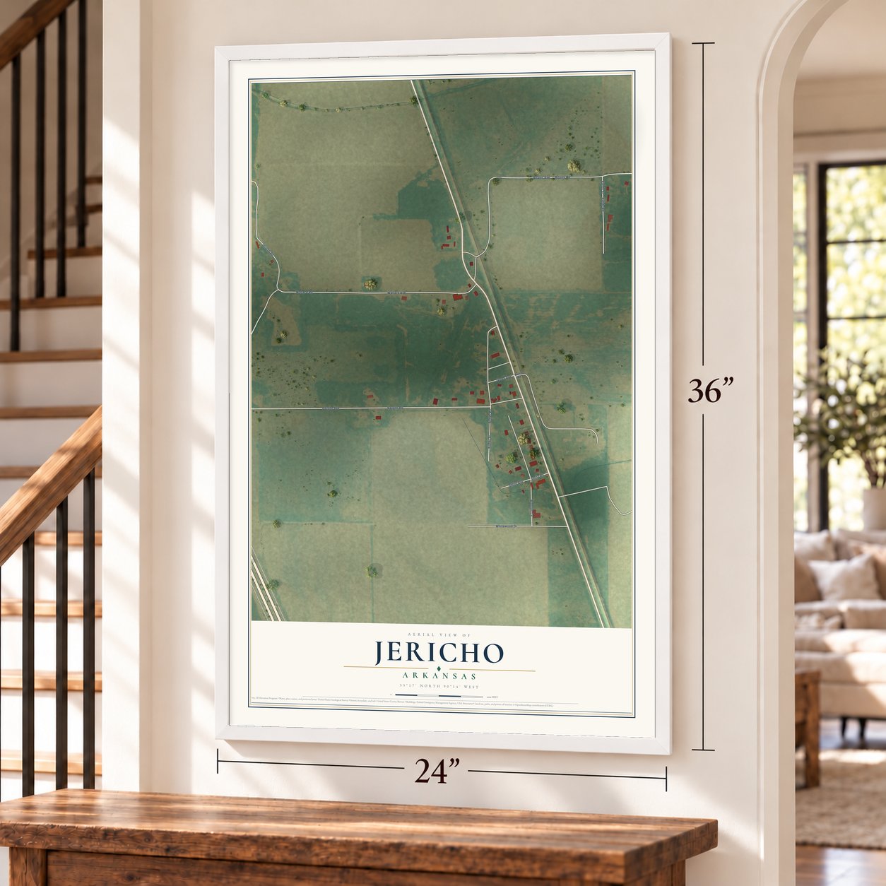 Jericho, Arkansas map, 24 x 36 inch print in a white frame by a staircase
