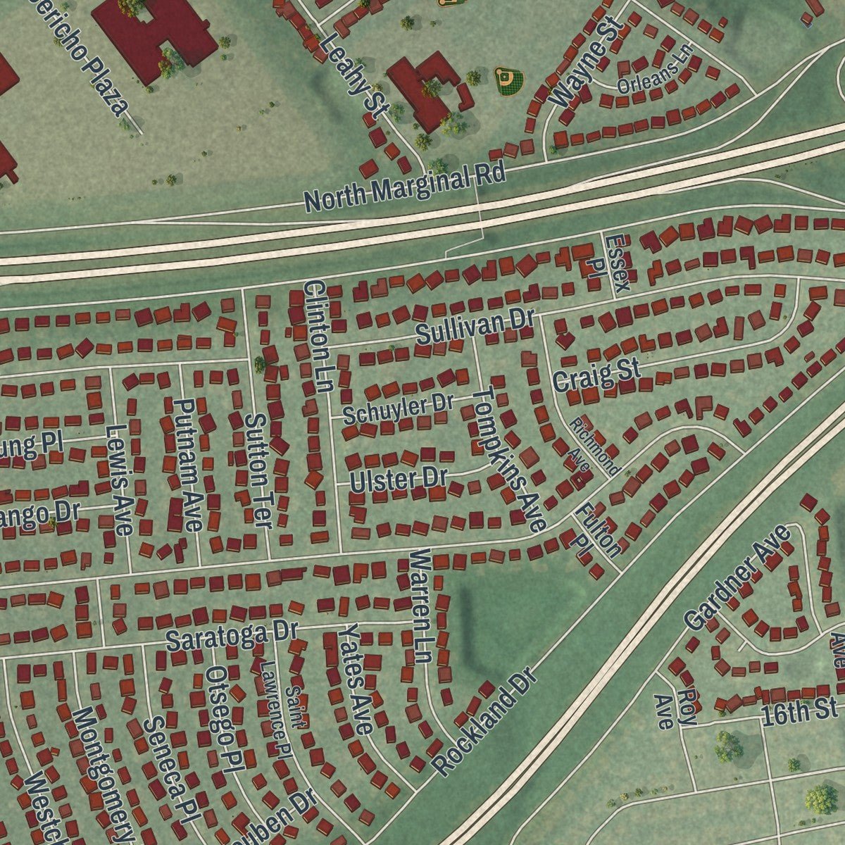 Second close-up of the map of Jericho, New York print showing more streets and buildings