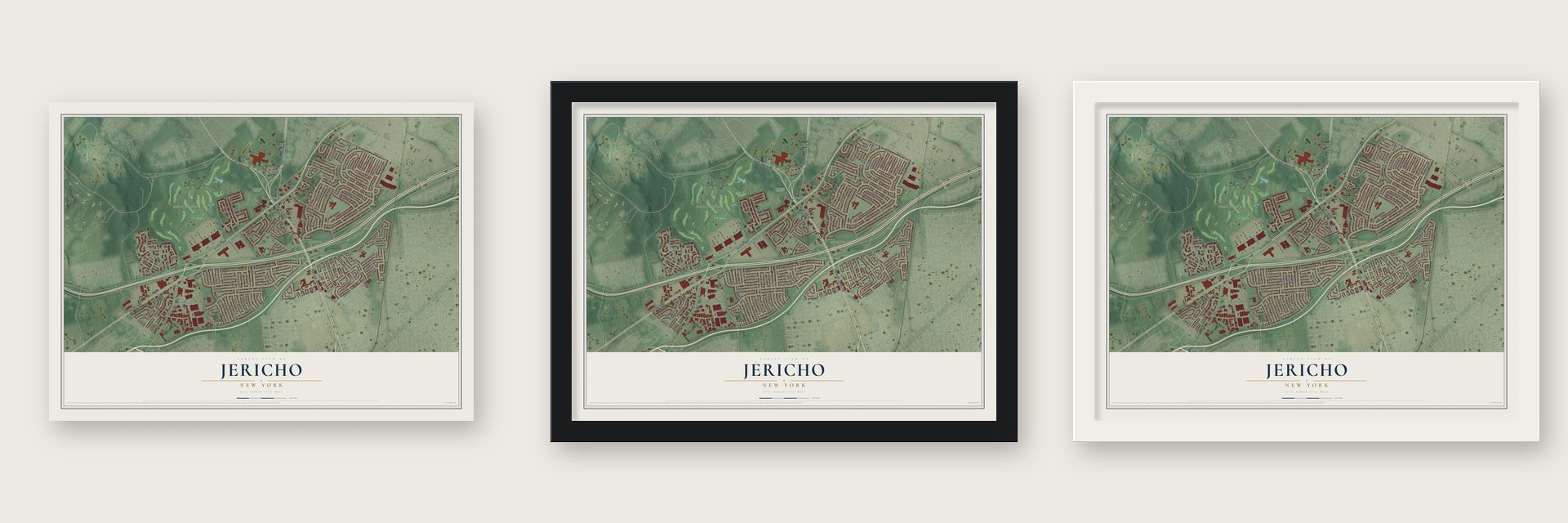 Jericho, New York map unframed, in a black wood frame and in a white wood frame