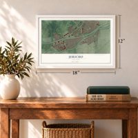 Jericho, New York map, 12 x 18 inch print in a white frame in an entryway
