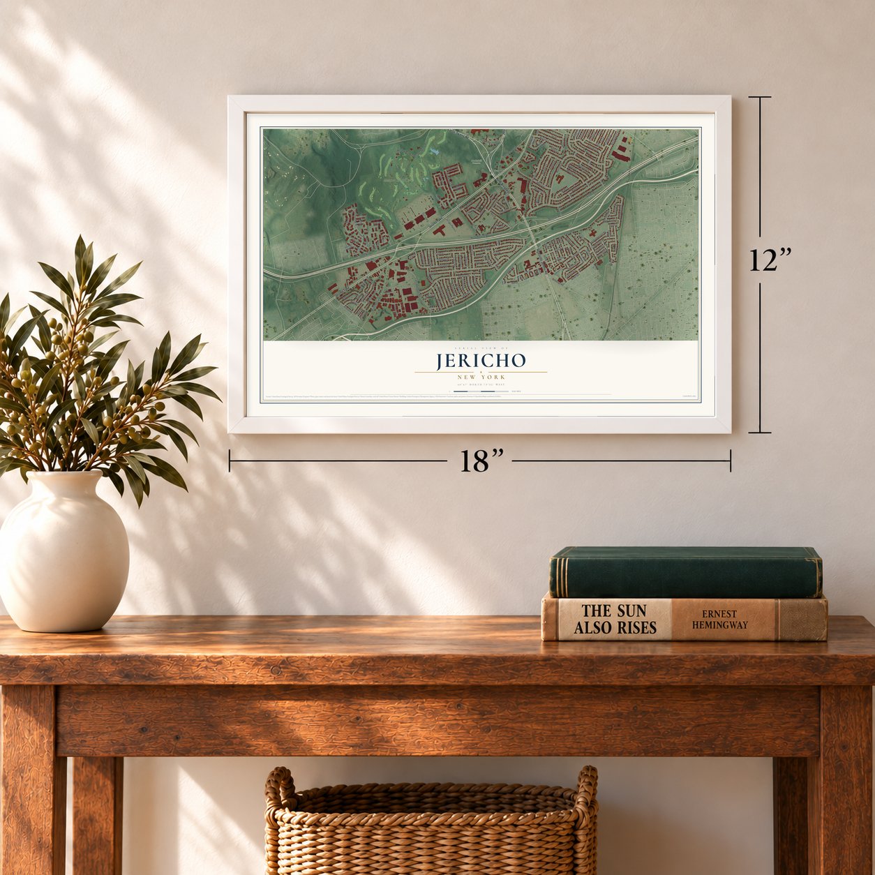 Jericho, New York map, 12 x 18 inch print in a white frame in an entryway