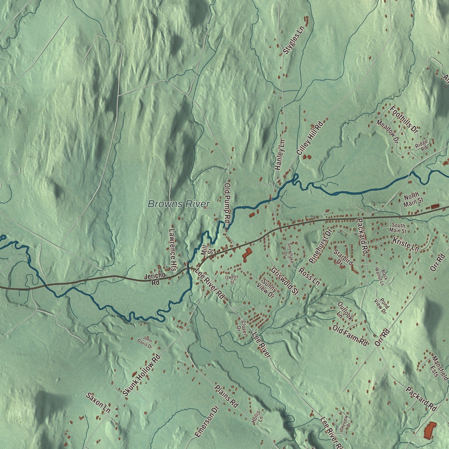Close-up of the map of Jericho, Vermont print showing terrain and local geography