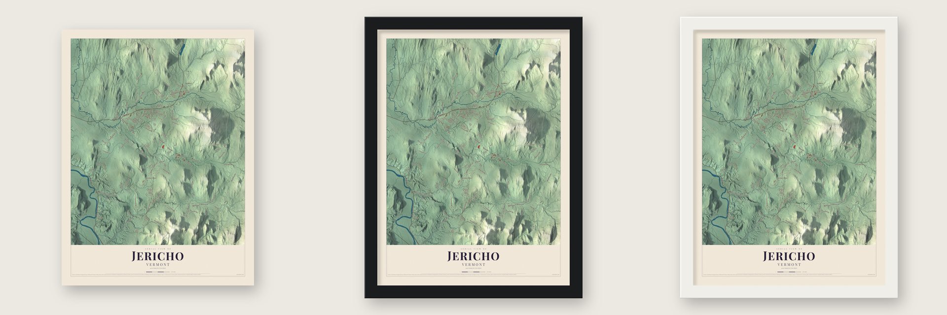Jericho, Vermont map unframed, in a black wood frame and in a white wood frame