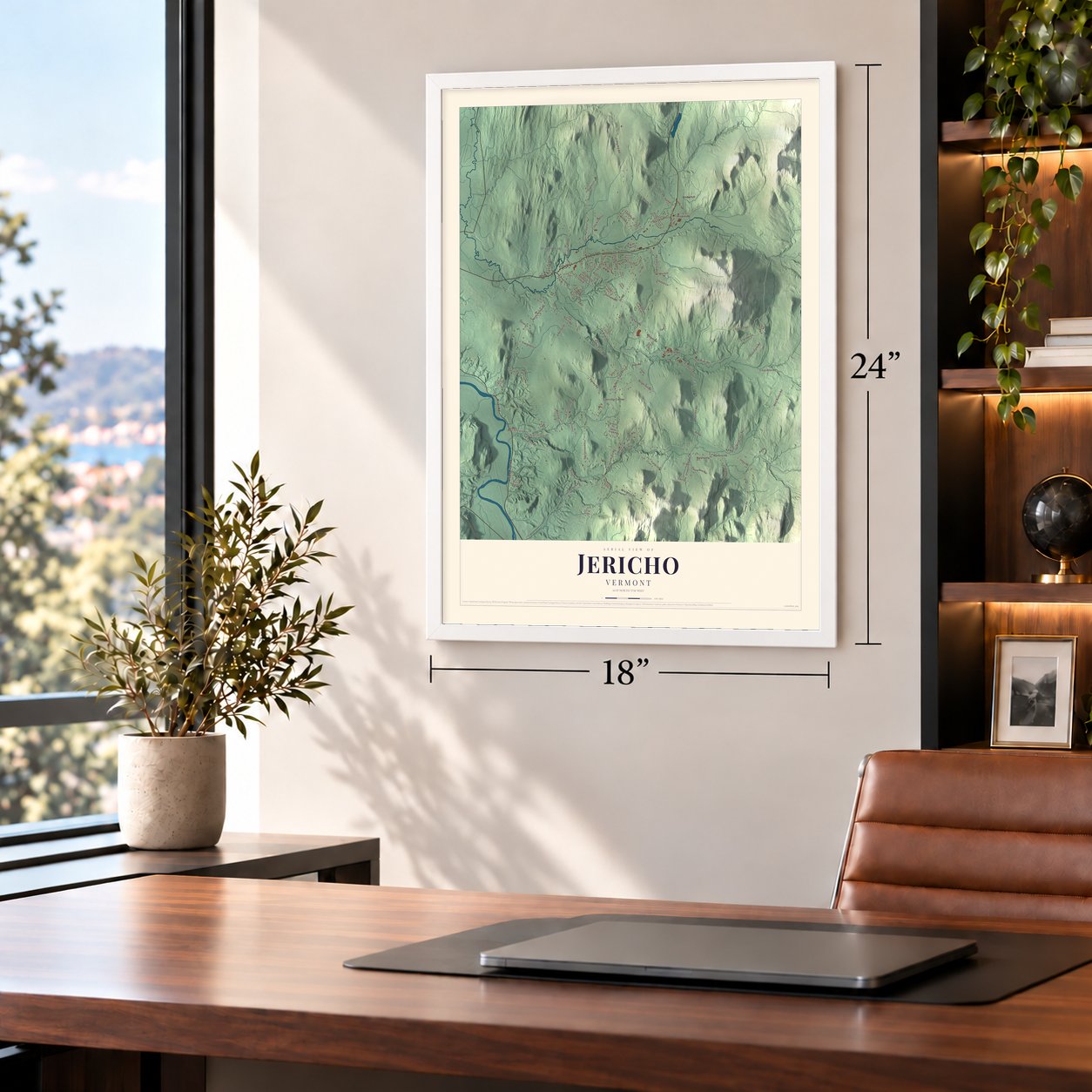 Jericho, Vermont map, 18 x 24 inch print in a white frame in a home office