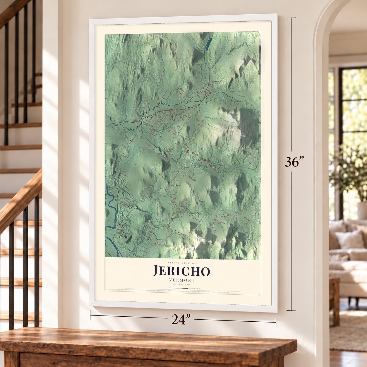 Jericho, Vermont map, 24 x 36 inch print in a white frame by a staircase