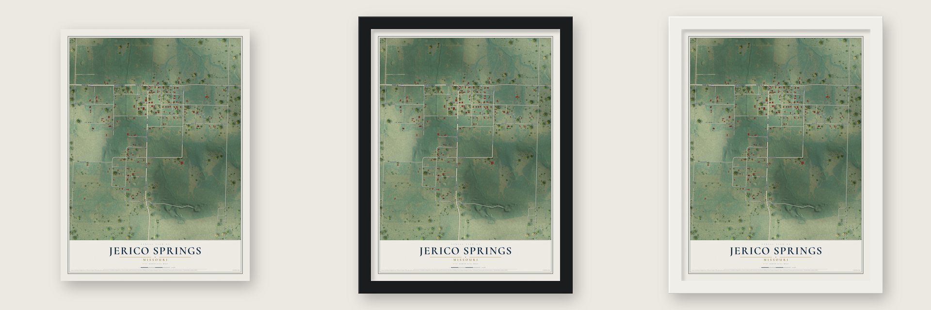 Jerico Springs, Missouri map unframed, in a black wood frame and in a white wood frame