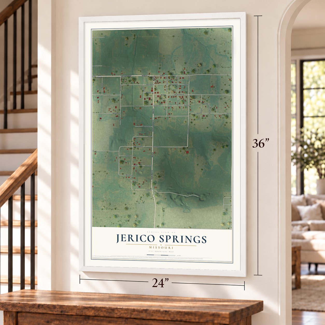 Jerico Springs, Missouri map, 24 x 36 inch print in a white frame by a staircase