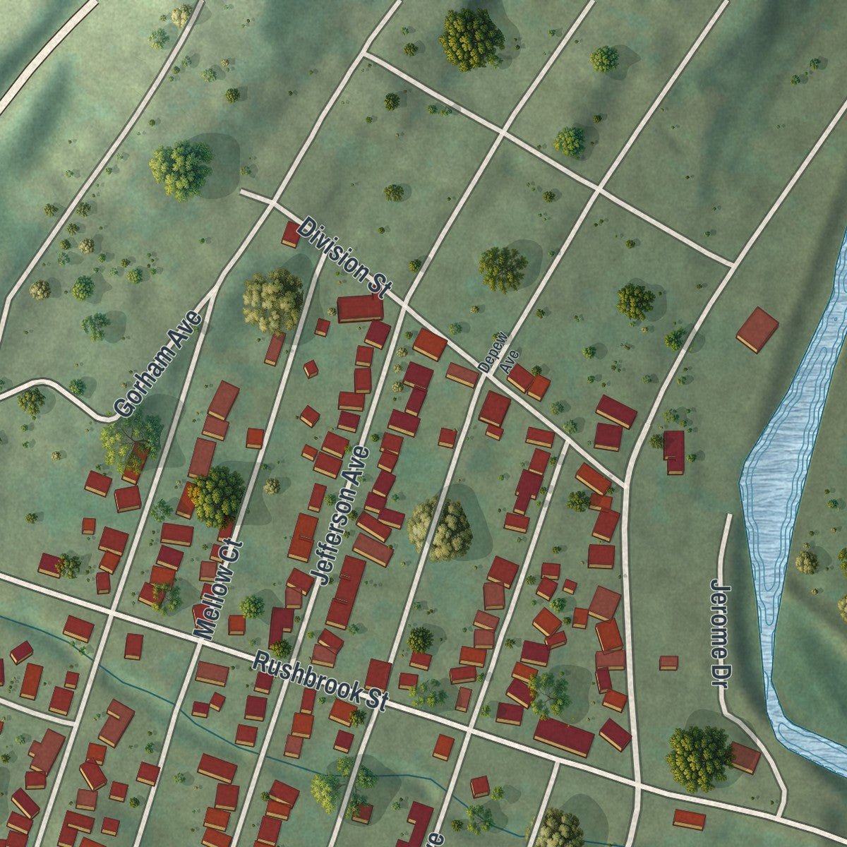 Second close-up of the map of Jermyn, Pennsylvania print showing more streets and buildings