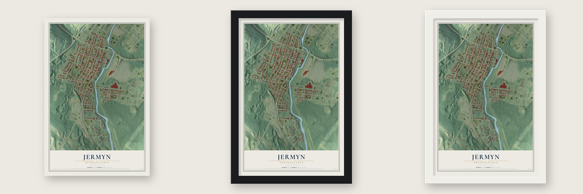 Jermyn, Pennsylvania map unframed, in a black wood frame and in a white wood frame