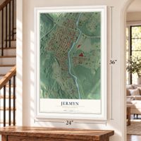Jermyn, Pennsylvania map, 24 x 36 inch print in a white frame by a staircase