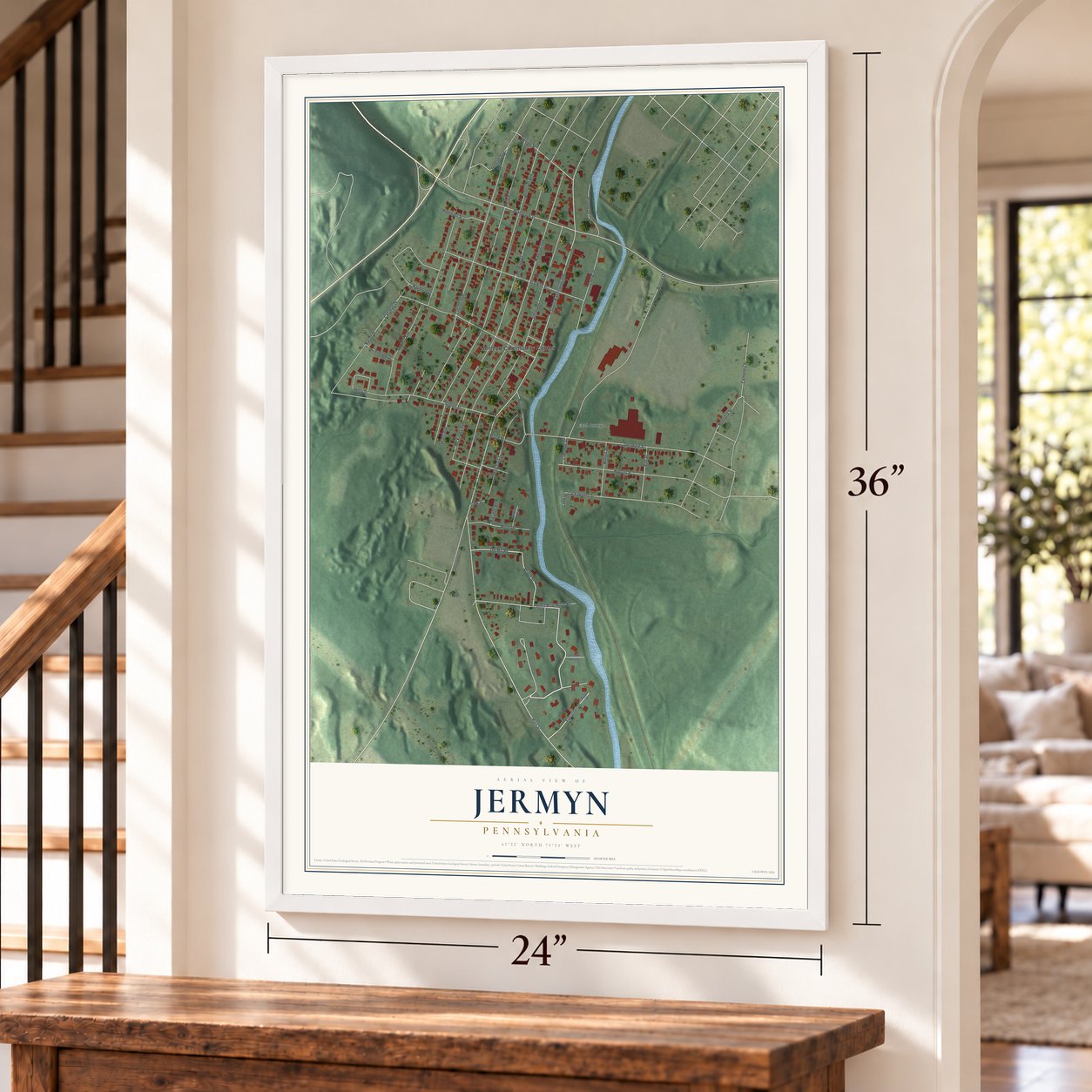 Jermyn, Pennsylvania map, 24 x 36 inch print in a white frame by a staircase