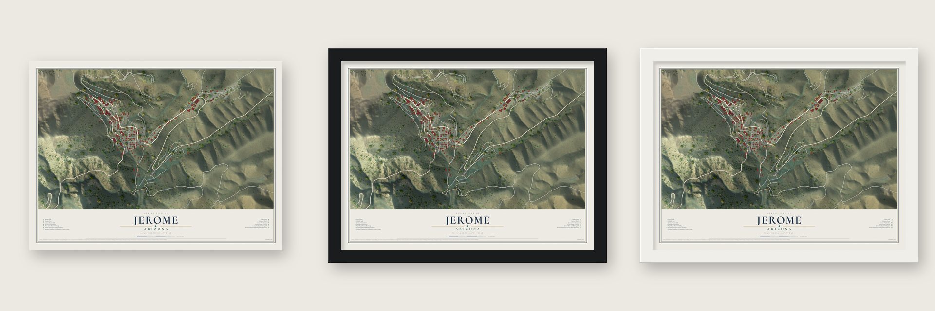 Jerome, Arizona map unframed, in a black wood frame and in a white wood frame