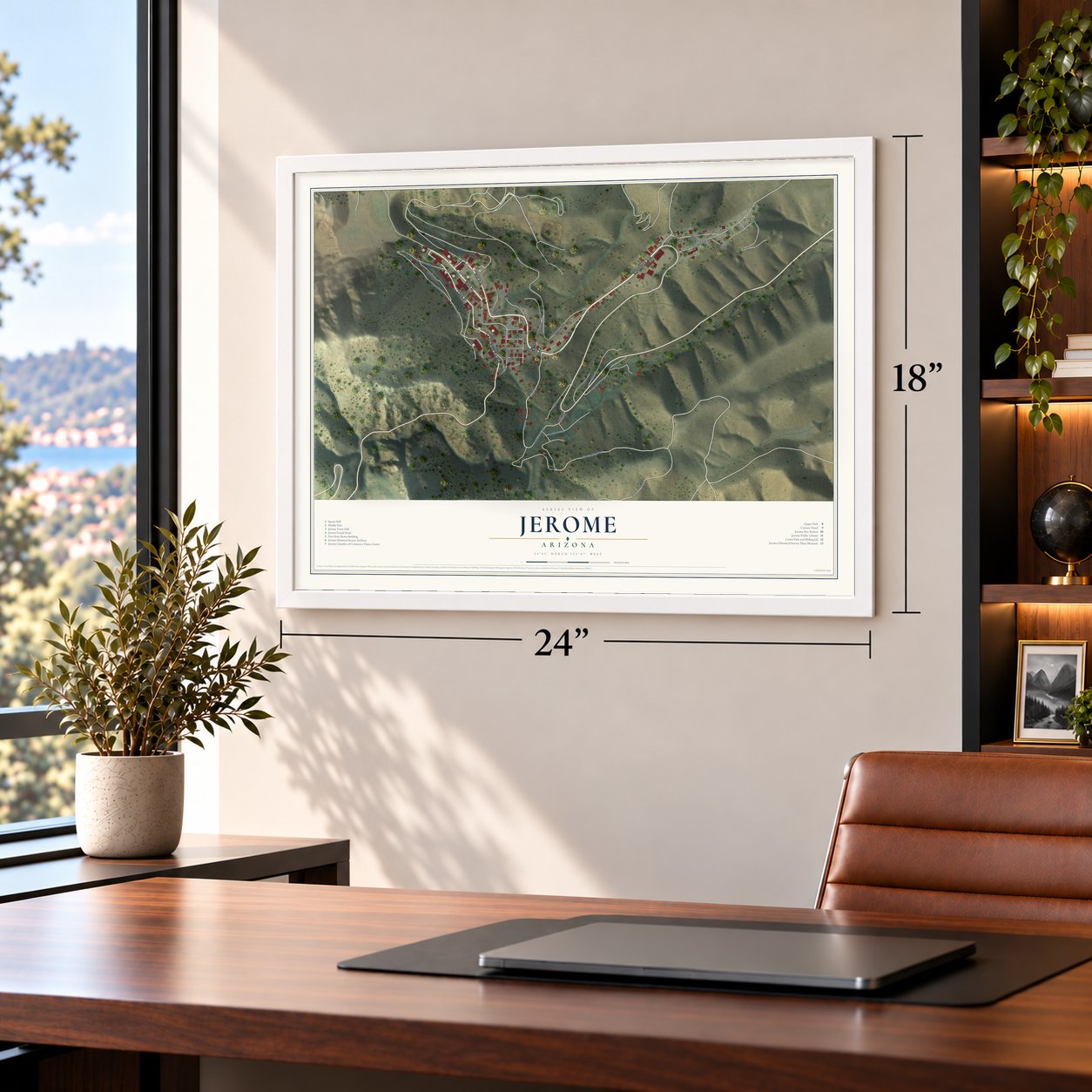 Jerome, Arizona map, 18 x 24 inch print in a white frame in a home office