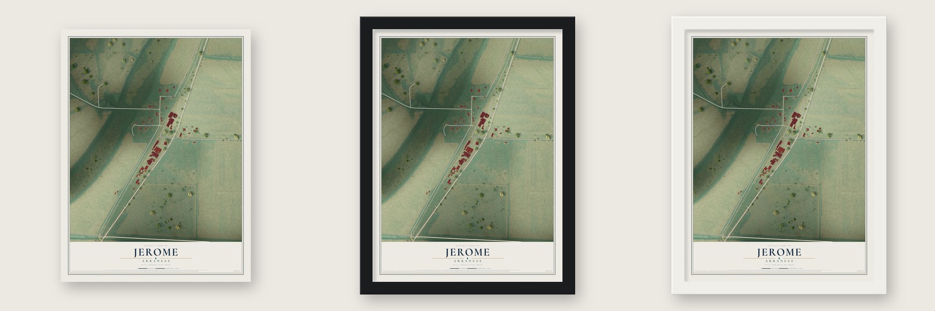 Jerome, Arkansas map unframed, in a black wood frame and in a white wood frame