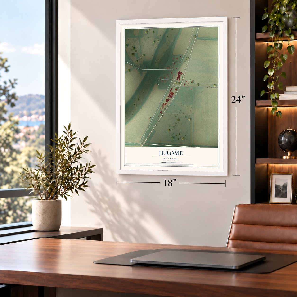 Jerome, Arkansas map, 18 x 24 inch print in a white frame in a home office