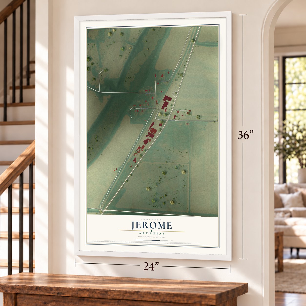 Jerome, Arkansas map, 24 x 36 inch print in a white frame by a staircase