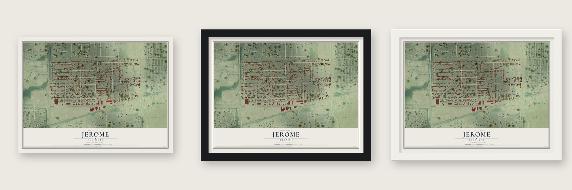 Jerome, Illinois map unframed, in a black wood frame and in a white wood frame