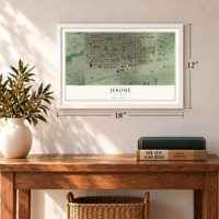 Jerome, Illinois map, 12 x 18 inch print in a white frame in an entryway
