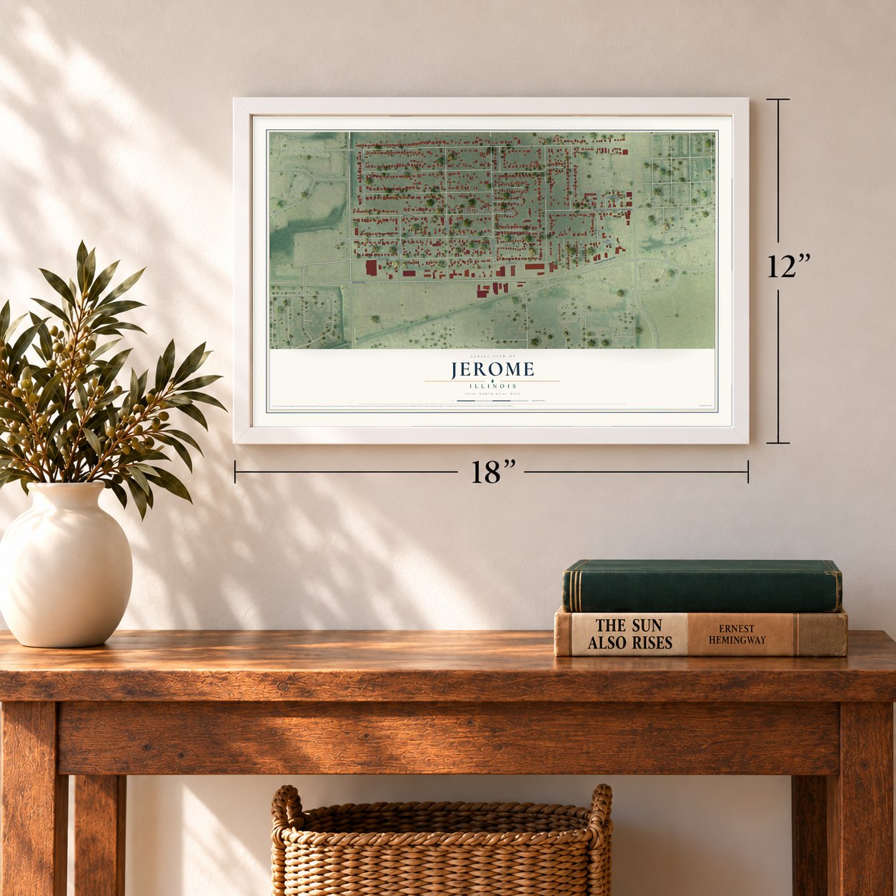 Jerome, Illinois map, 12 x 18 inch print in a white frame in an entryway