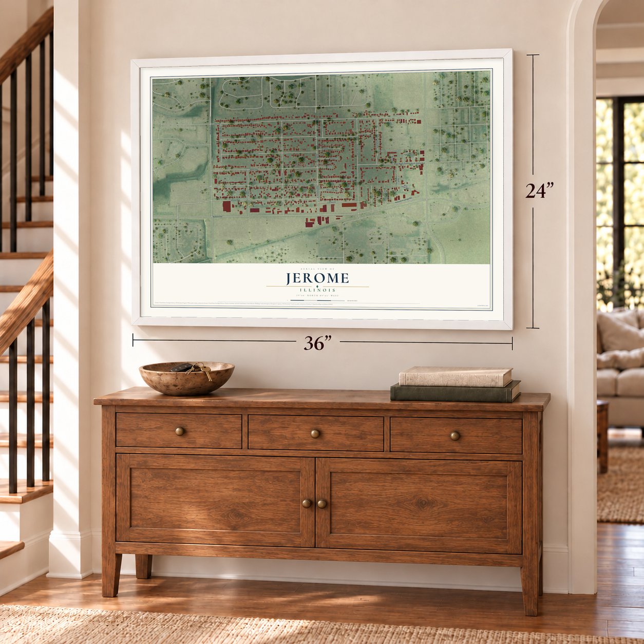 Jerome, Illinois map, 24 x 36 inch print in a white frame above a dresser by a staircase