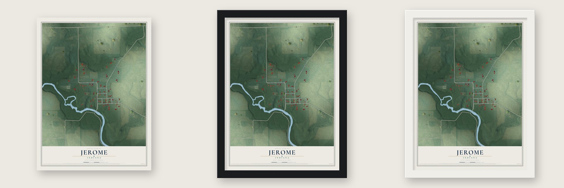 Jerome, Indiana map unframed, in a black wood frame and in a white wood frame