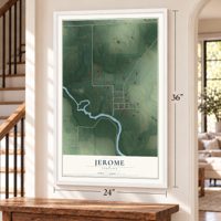 Jerome, Indiana map, 24 x 36 inch print in a white frame by a staircase