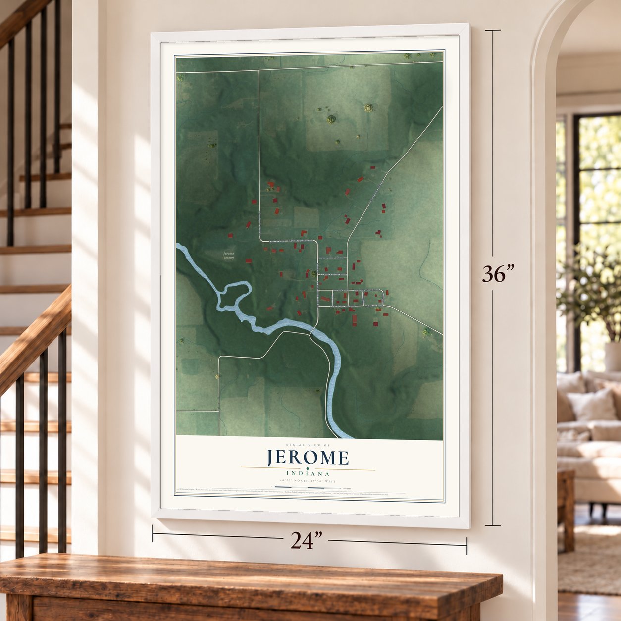 Jerome, Indiana map, 24 x 36 inch print in a white frame by a staircase