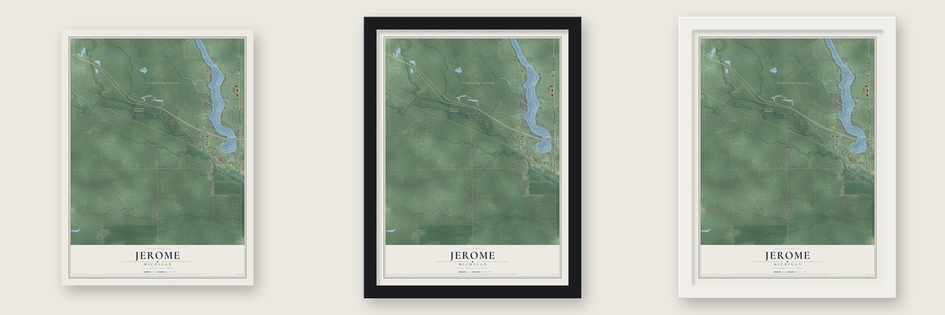 Jerome, Michigan map unframed, in a black wood frame and in a white wood frame