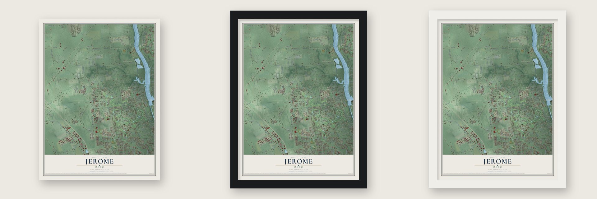 Jerome, Ohio map unframed, in a black wood frame and in a white wood frame