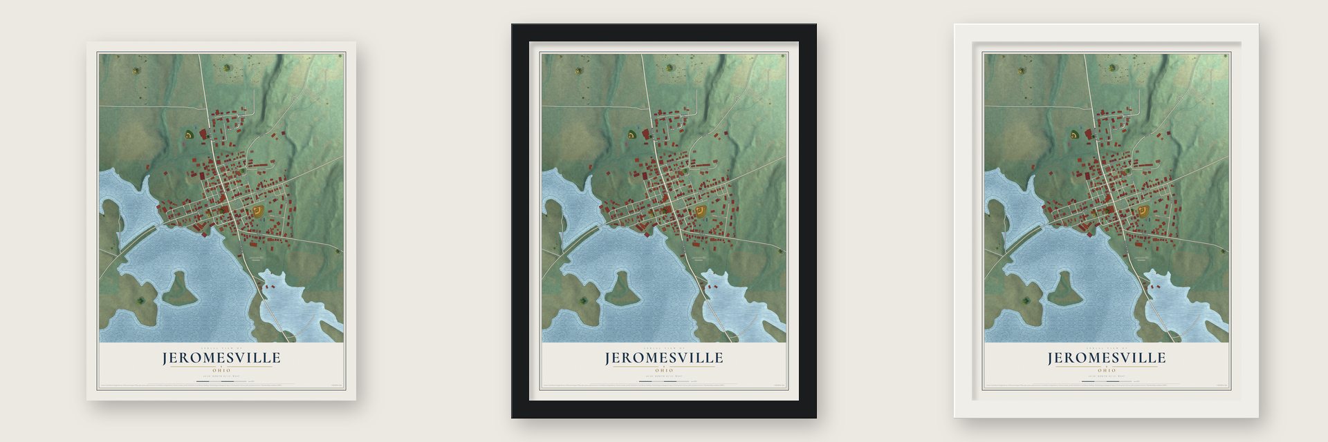 Jeromesville, Ohio map unframed, in a black wood frame and in a white wood frame