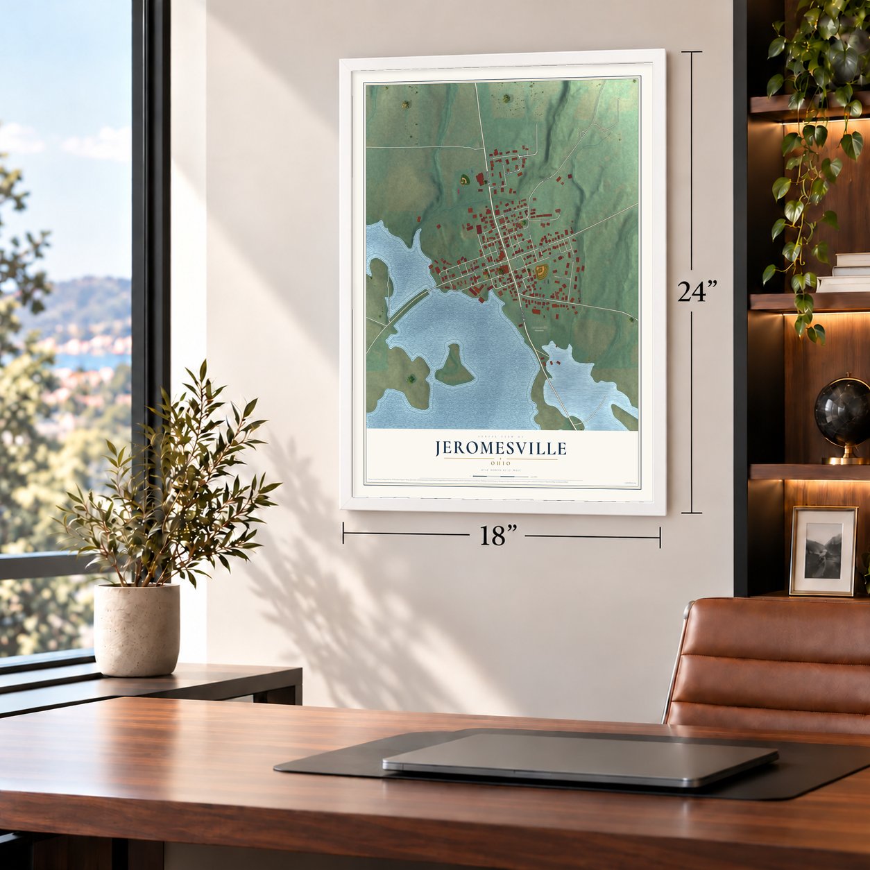 Jeromesville, Ohio map, 18 x 24 inch print in a white frame in a home office