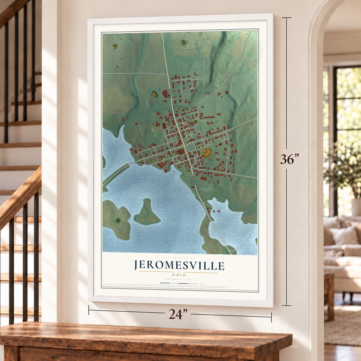 Jeromesville, Ohio map, 24 x 36 inch print in a white frame by a staircase