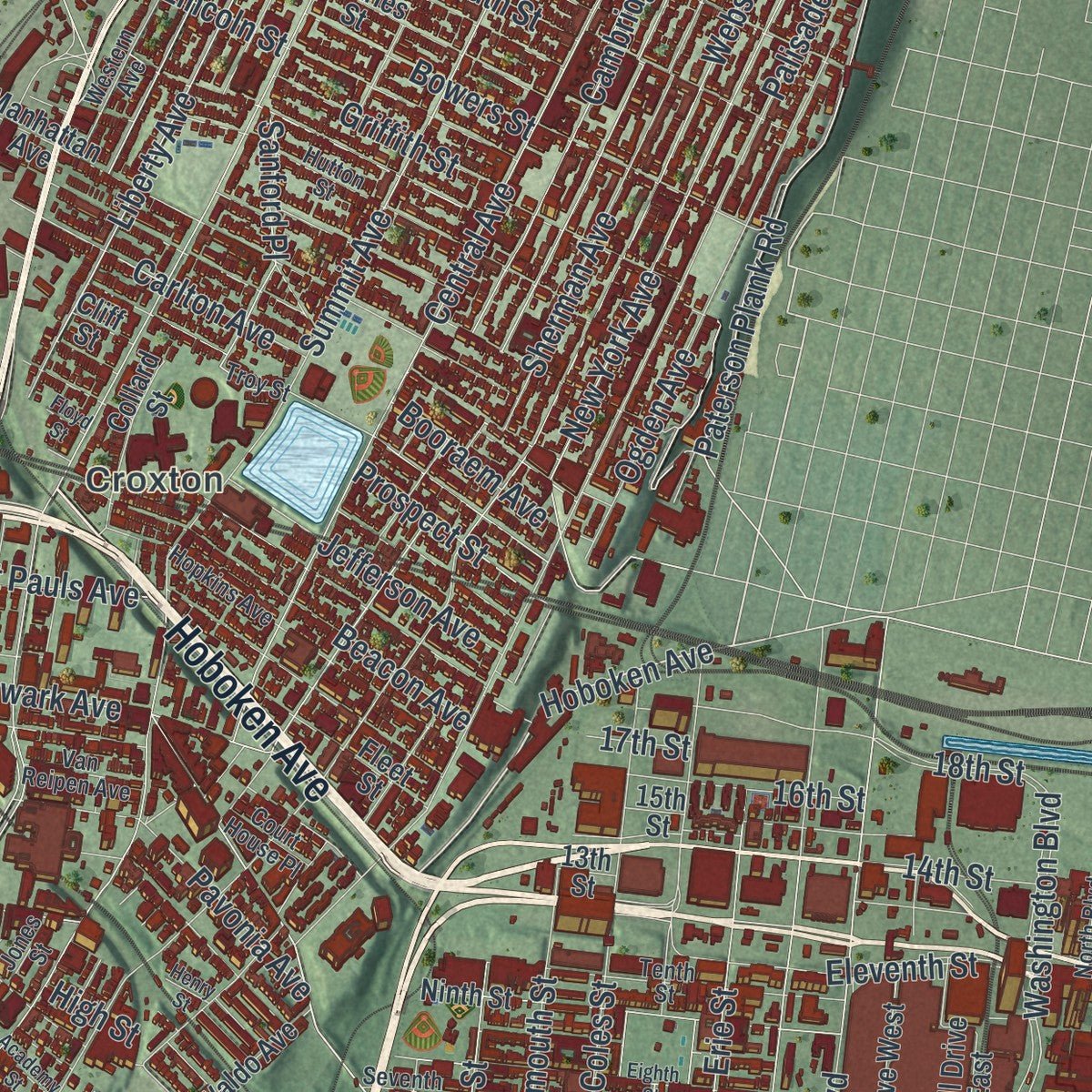 Second close-up of the map of Jersey City, New Jersey print showing more streets and buildings