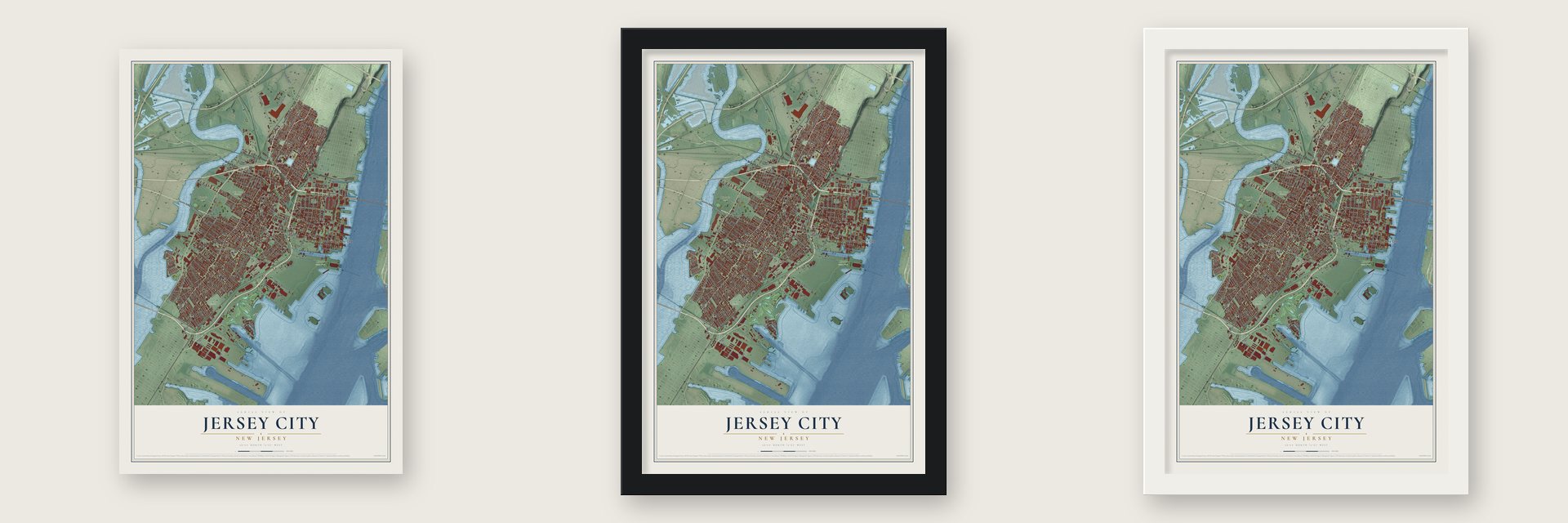 Jersey City, New Jersey map unframed, in a black wood frame and in a white wood frame