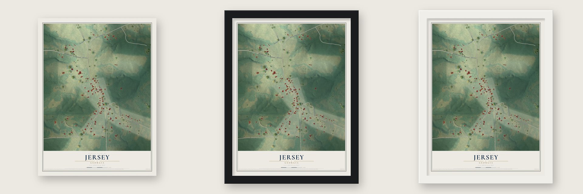 Jersey, Georgia map unframed, in a black wood frame and in a white wood frame