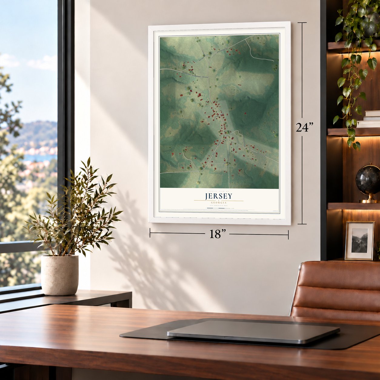 Jersey, Georgia map, 18 x 24 inch print in a white frame in a home office