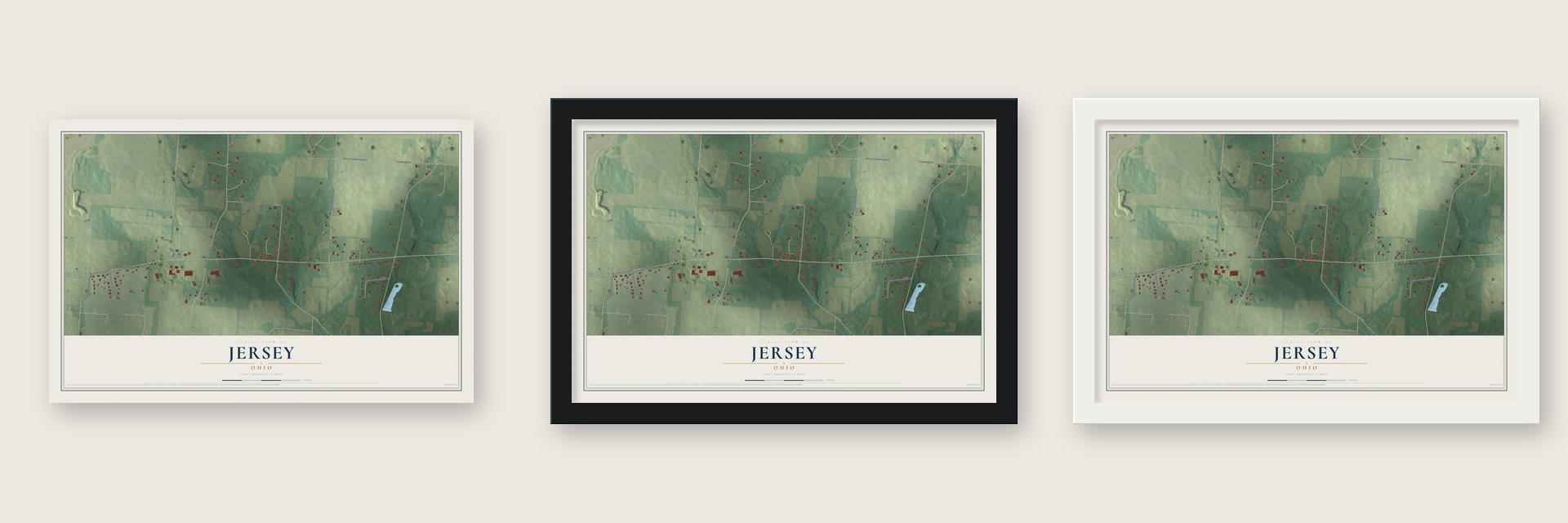 Jersey, Ohio map unframed, in a black wood frame and in a white wood frame